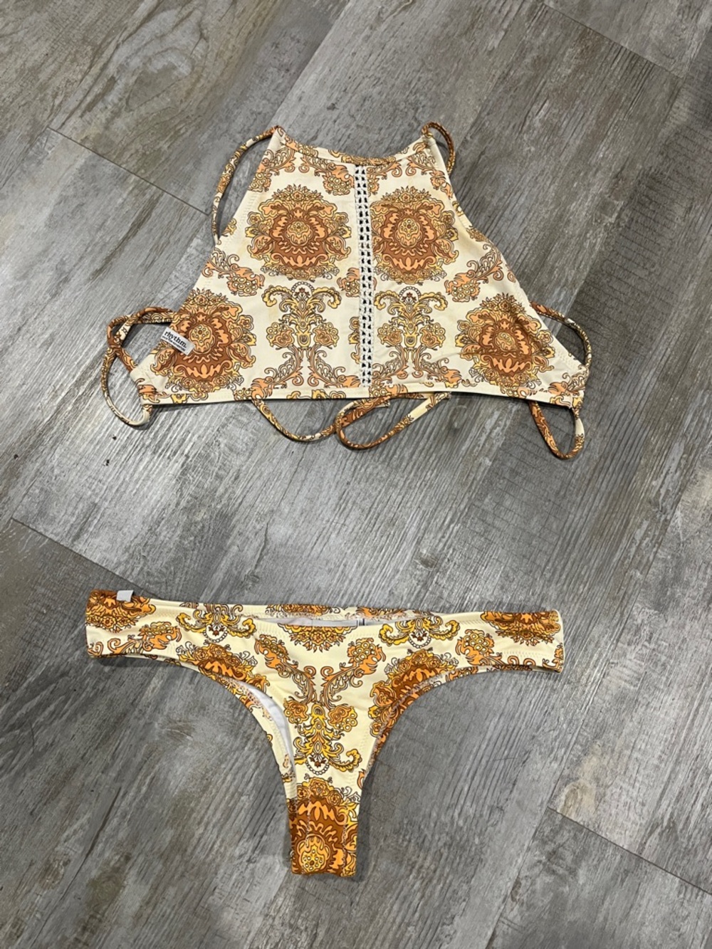 Rhythm. Bikini 👙 small Cream and Gold Paisley High-Neck Bikini Set